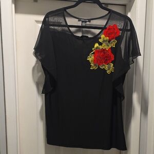Elegant Black Blouse with Red Floral Embroidery